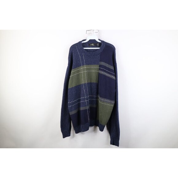 Vtg 90s Streetwear Mens 3XLT Faded Checkered Color Block Knit Crewneck Sweater